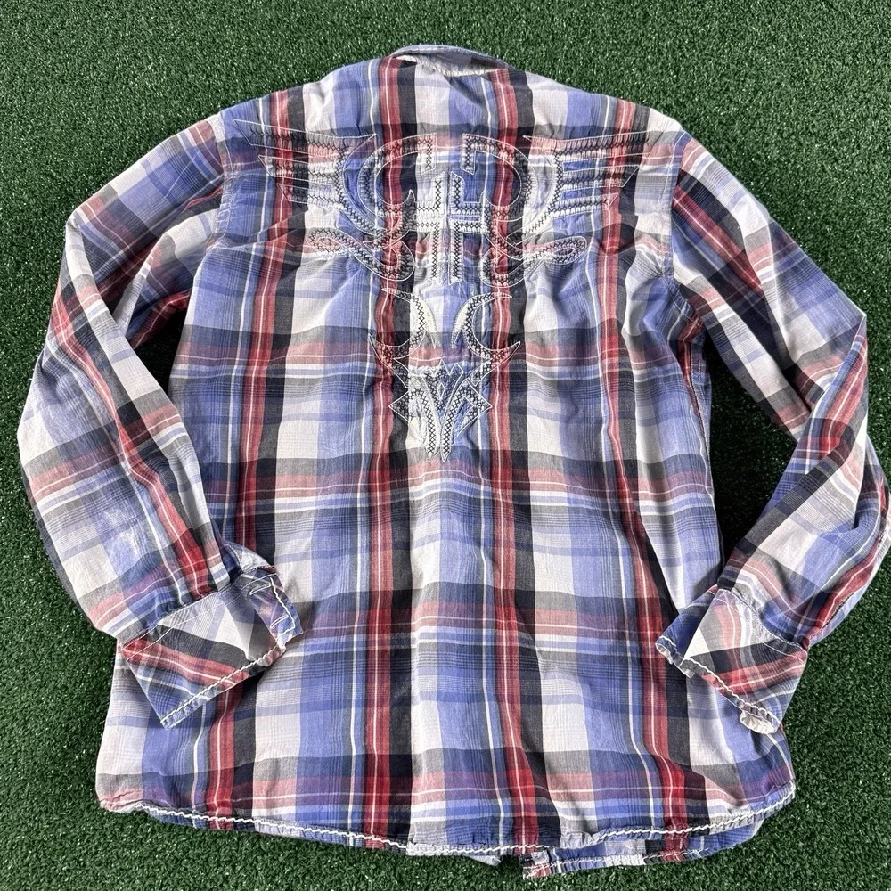 Roar Men's Long Sleeve Button Shirt Size XL Blue Plaid Embroidered